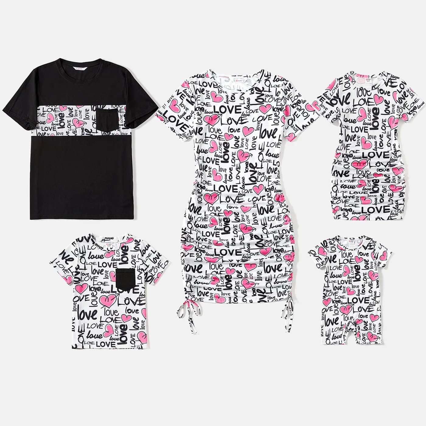 Family Matching Allover Heart & Letter Print Drawstring Ruched Bodycon Dresses and Short-sleeve T-shirts Sets