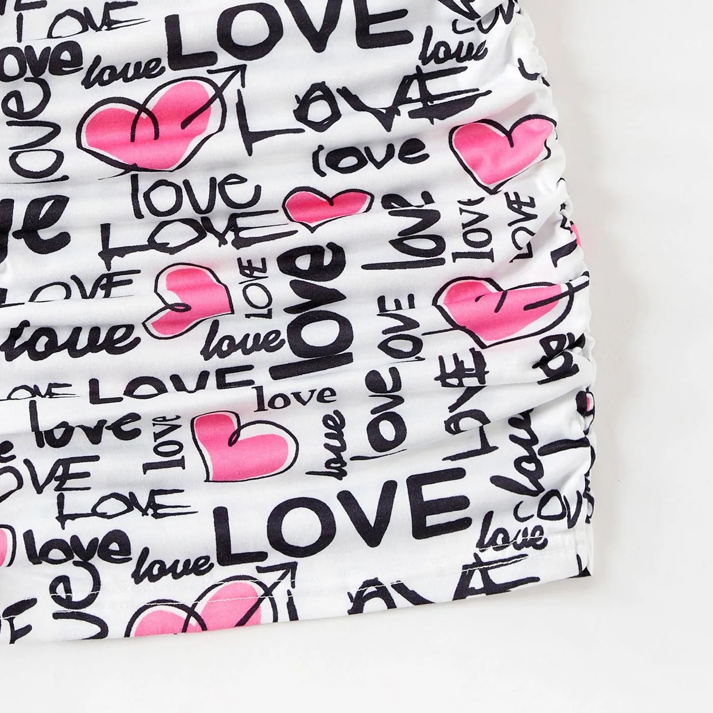 Family Matching Allover Heart & Letter Print Drawstring Ruched Bodycon Dresses and Short-sleeve T-shirts Sets
