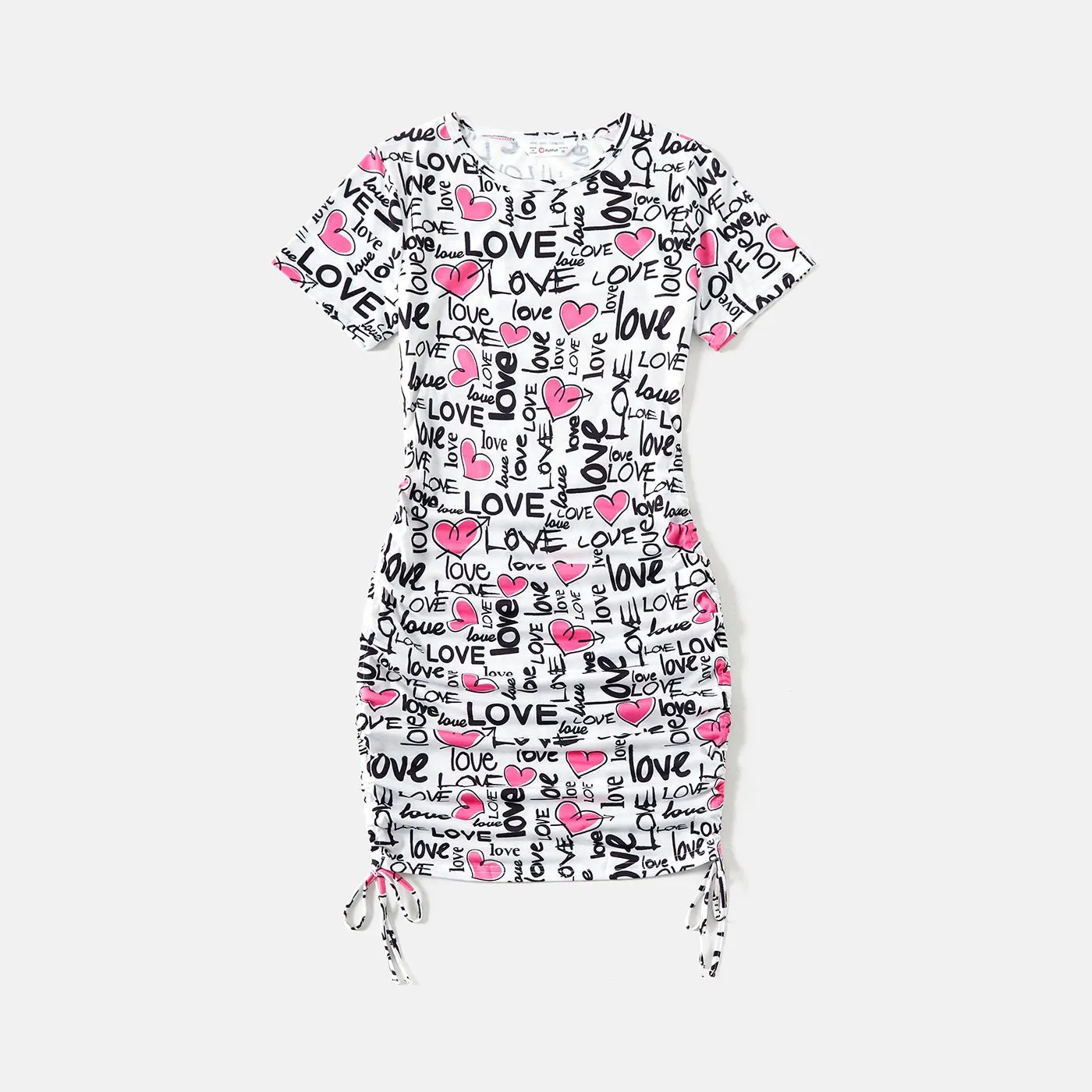 Family Matching Allover Heart & Letter Print Drawstring Ruched Bodycon Dresses and Short-sleeve T-shirts Sets