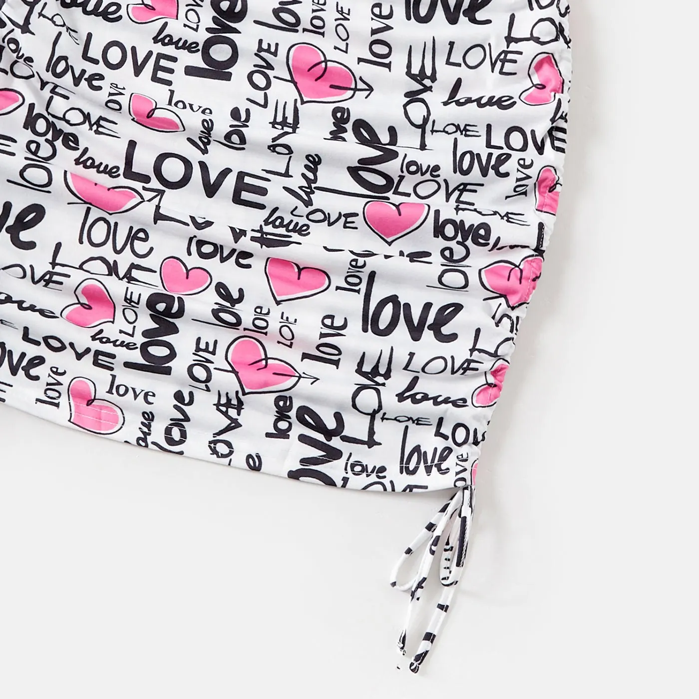 Family Matching Allover Heart & Letter Print Drawstring Ruched Bodycon Dresses and Short-sleeve T-shirts Sets