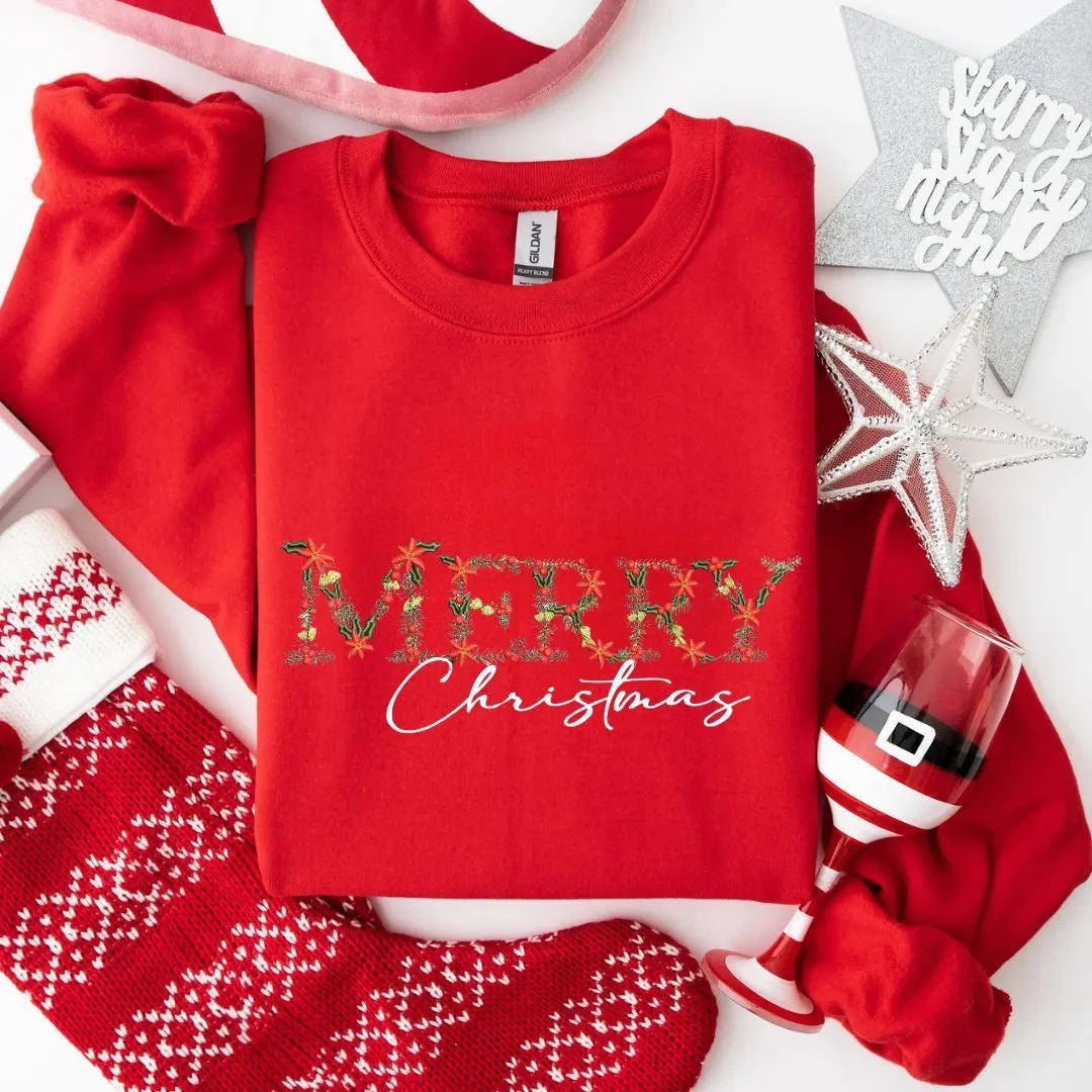 Festive Floral Wreath 'Merry Christmas' Embroidered Sweatshirt