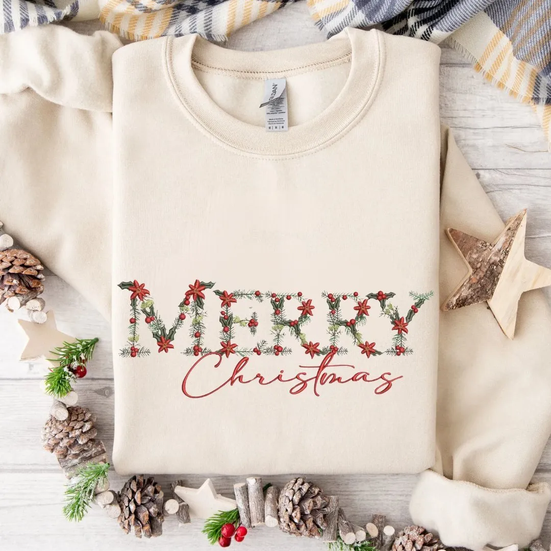 Festive Floral Wreath 'Merry Christmas' Embroidered Sweatshirt