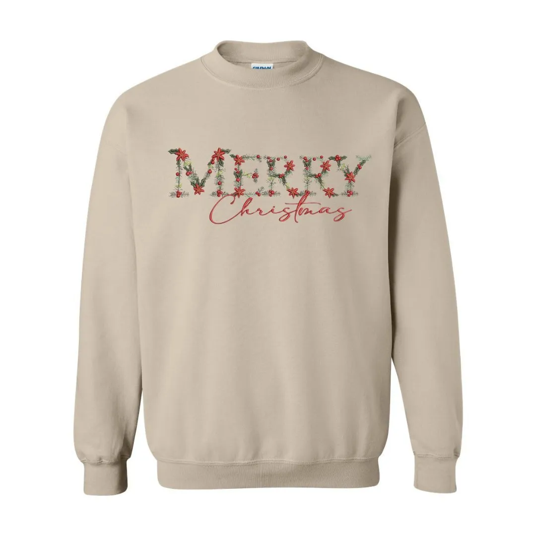 Festive Floral Wreath 'Merry Christmas' Embroidered Sweatshirt