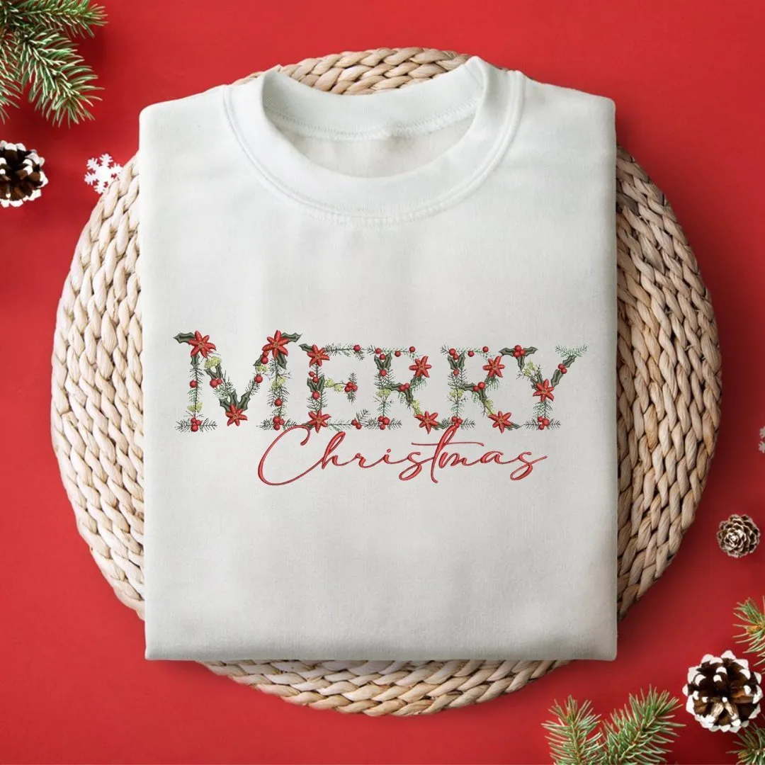 Festive Floral Wreath 'Merry Christmas' Embroidered Sweatshirt