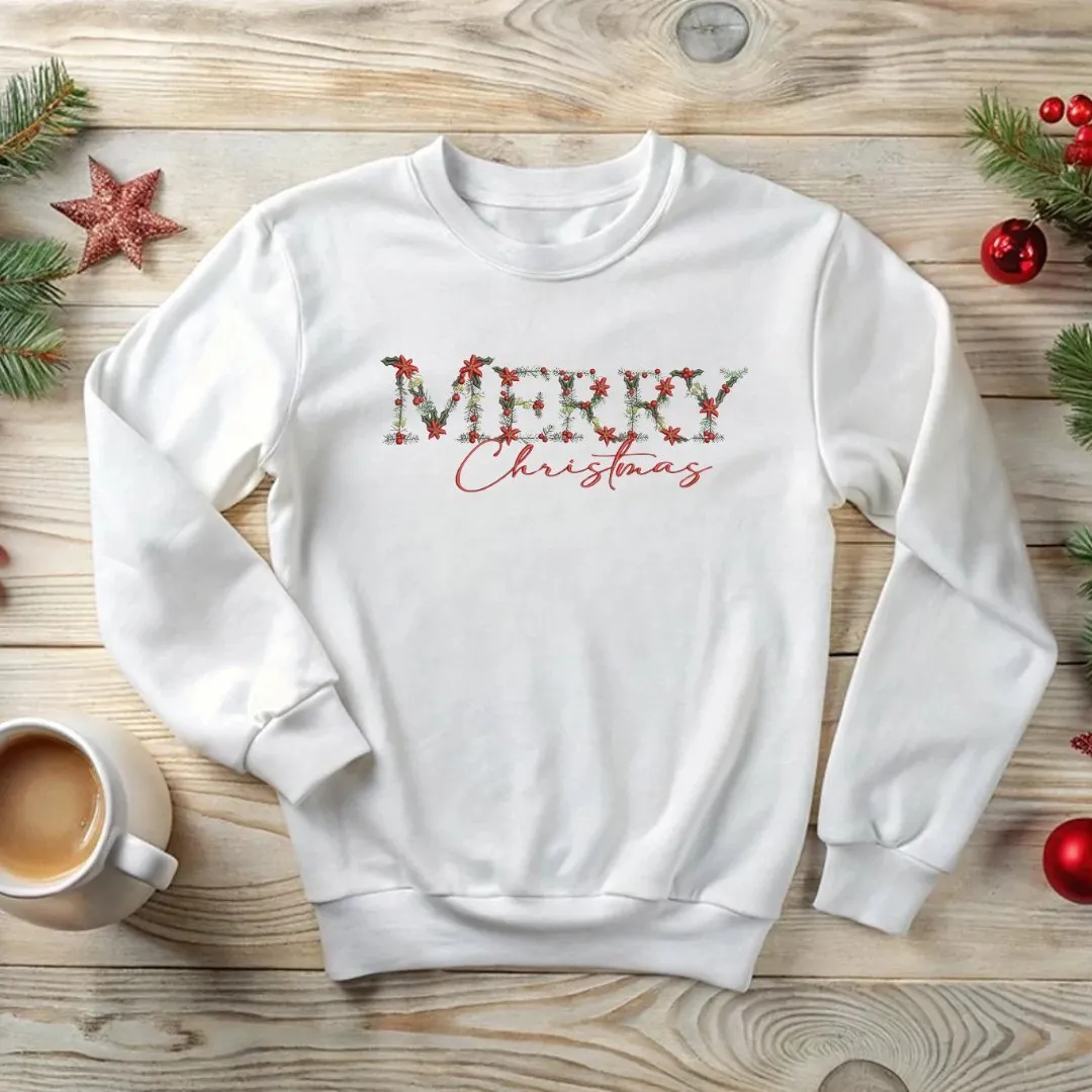 Festive Floral Wreath 'Merry Christmas' Embroidered Sweatshirt