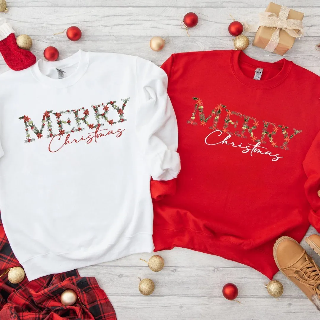 Festive Floral Wreath 'Merry Christmas' Embroidered Sweatshirt