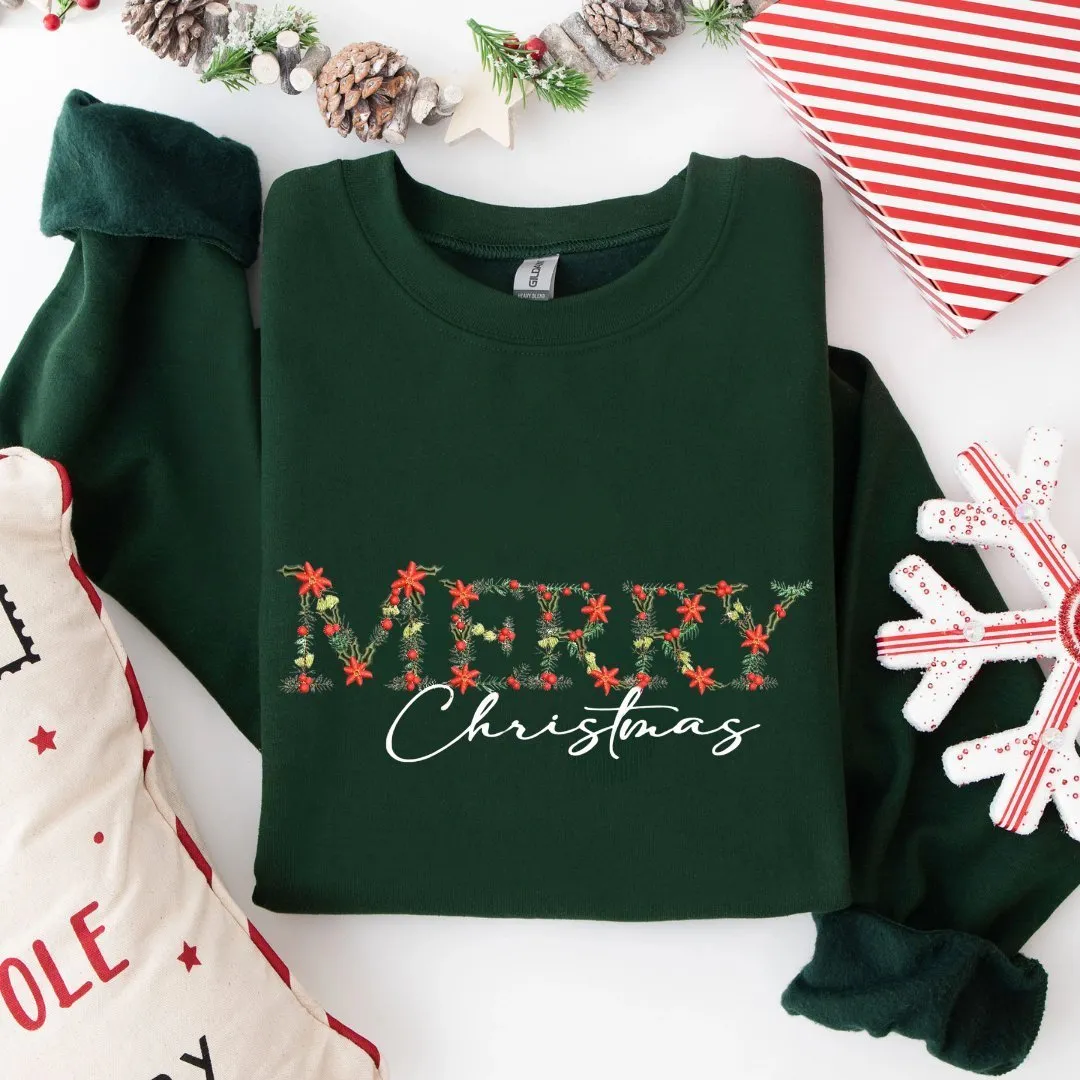 Festive Floral Wreath 'Merry Christmas' Embroidered Sweatshirt