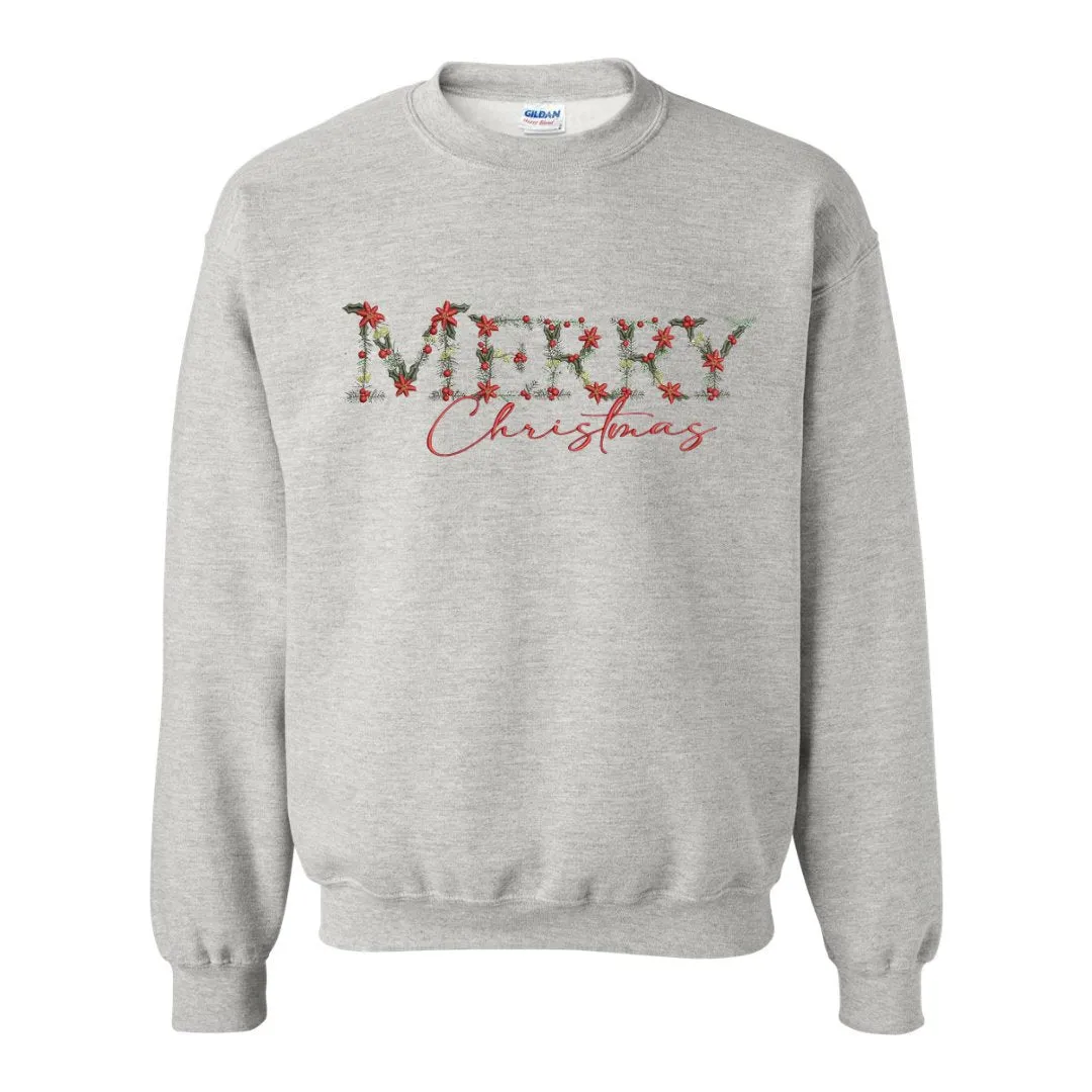 Festive Floral Wreath 'Merry Christmas' Embroidered Sweatshirt