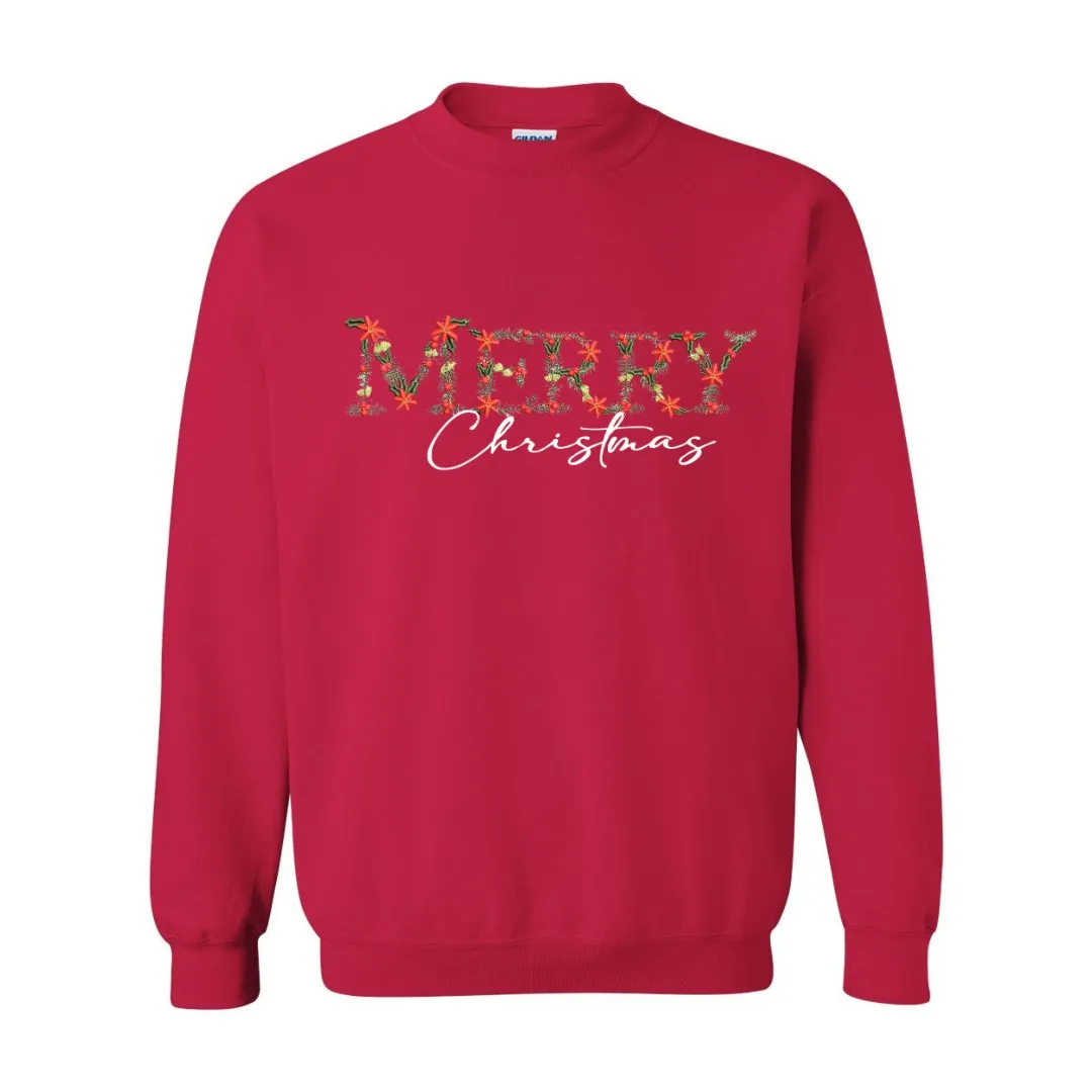 Festive Floral Wreath 'Merry Christmas' Embroidered Sweatshirt