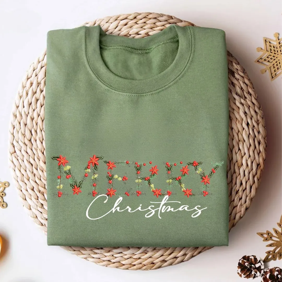 Festive Floral Wreath 'Merry Christmas' Embroidered Sweatshirt