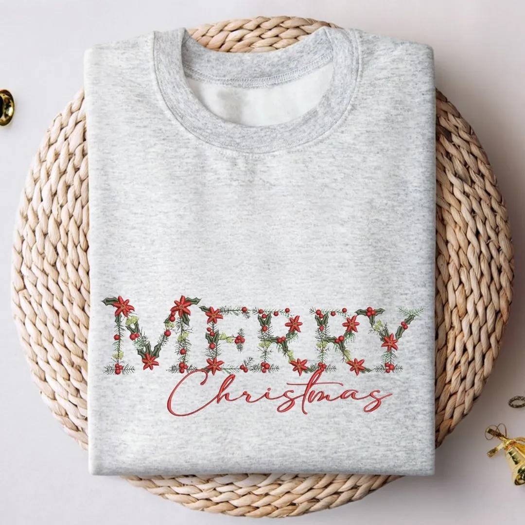 Festive Floral Wreath 'Merry Christmas' Embroidered Sweatshirt