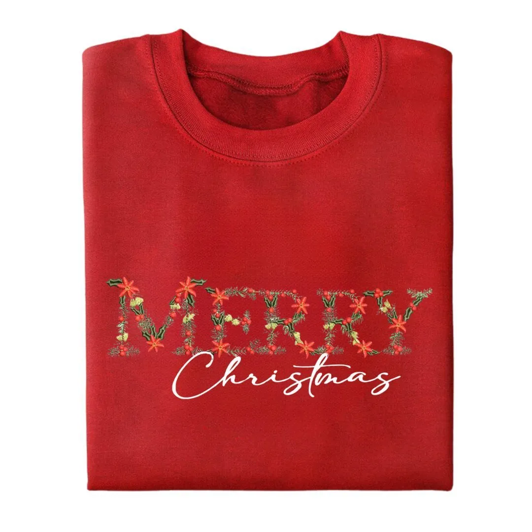 Festive Floral Wreath 'Merry Christmas' Embroidered Sweatshirt