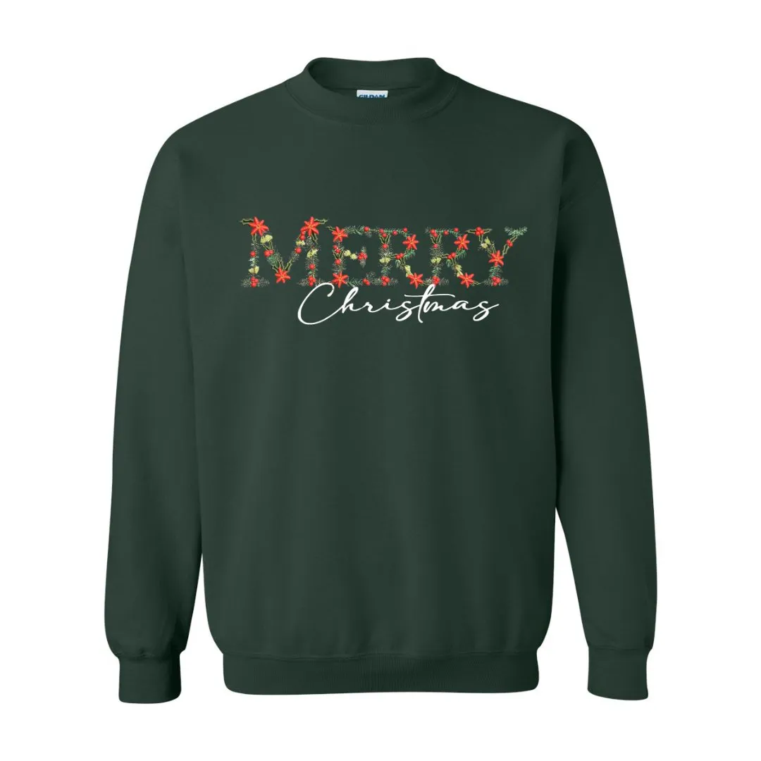 Festive Floral Wreath 'Merry Christmas' Embroidered Sweatshirt