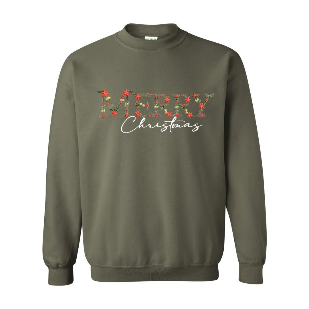 Festive Floral Wreath 'Merry Christmas' Embroidered Sweatshirt