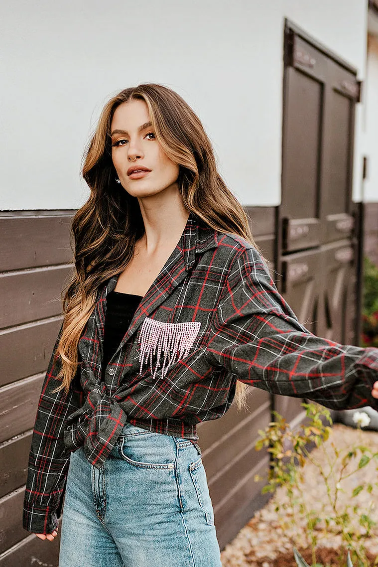 FINAL SALE!! Rhinestone Fringe Flannel in Grey Plaid