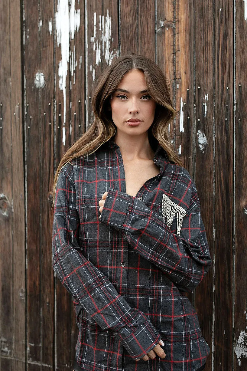 FINAL SALE!! Rhinestone Fringe Flannel in Grey Plaid