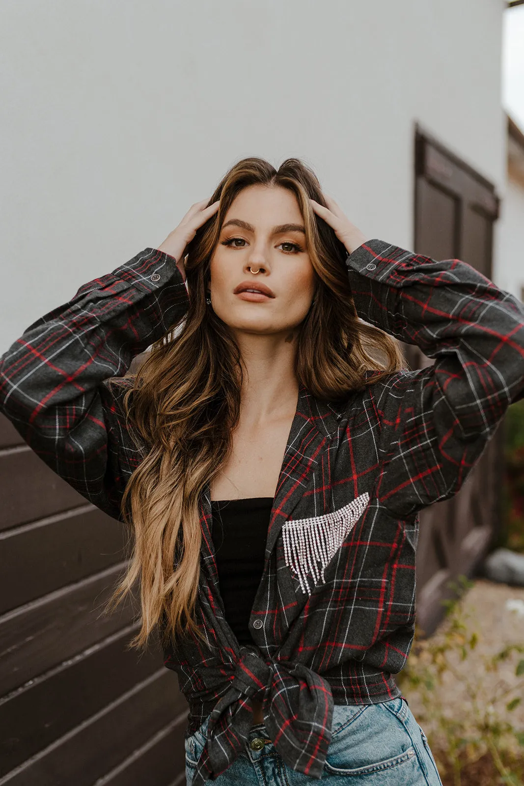 FINAL SALE!! Rhinestone Fringe Flannel in Grey Plaid