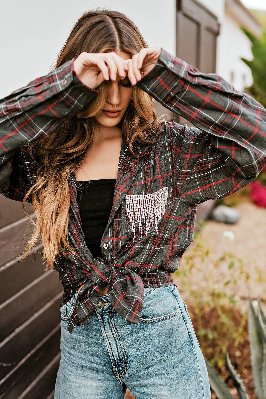 FINAL SALE!! Rhinestone Fringe Flannel in Grey Plaid