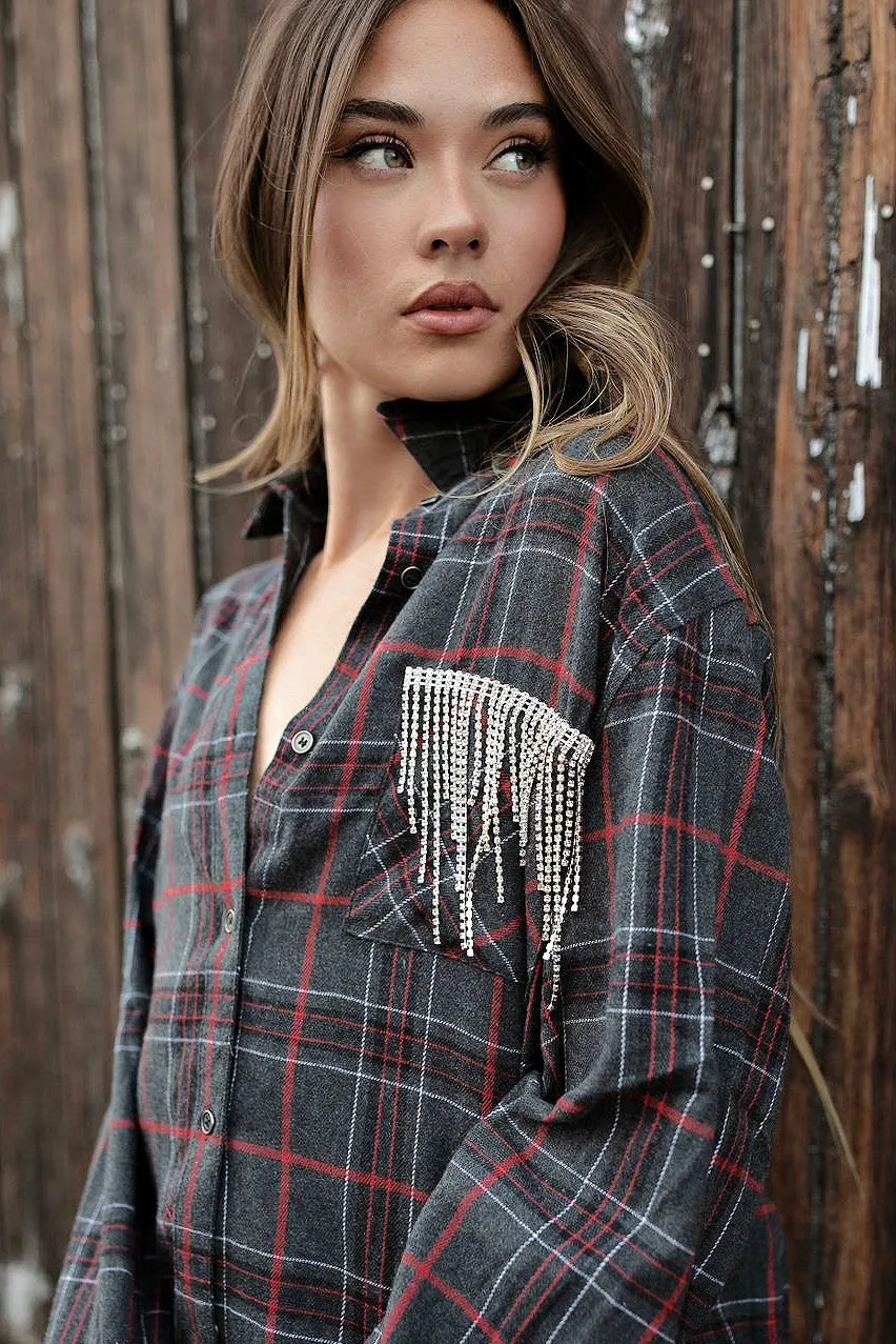 FINAL SALE!! Rhinestone Fringe Flannel in Grey Plaid