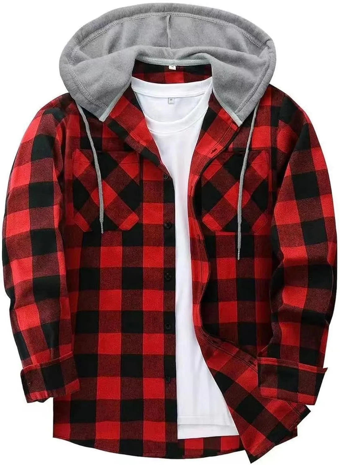 Flannel Hoodie Shirt for Men Casual Button Down Plaid Shirt Jacket Classic Drawstring Long Sleeve Shacket Coats