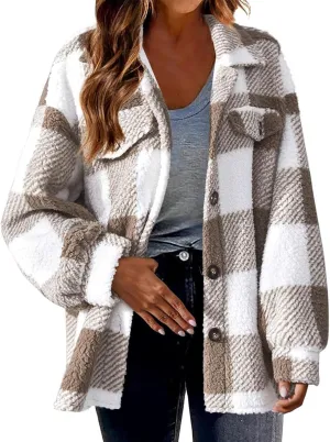 Flannel Jacket for Women 2023 Fall Winter Plaid Shacket Soft Wool Blend Flannel Shirts Plus Size Long Sleeve Blouses