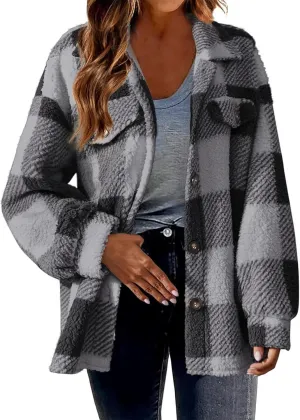 Flannel Jacket for Women 2023 Fall Winter Plaid Shacket Soft Wool Blend Flannel Shirts Plus Size Long Sleeve Blouses