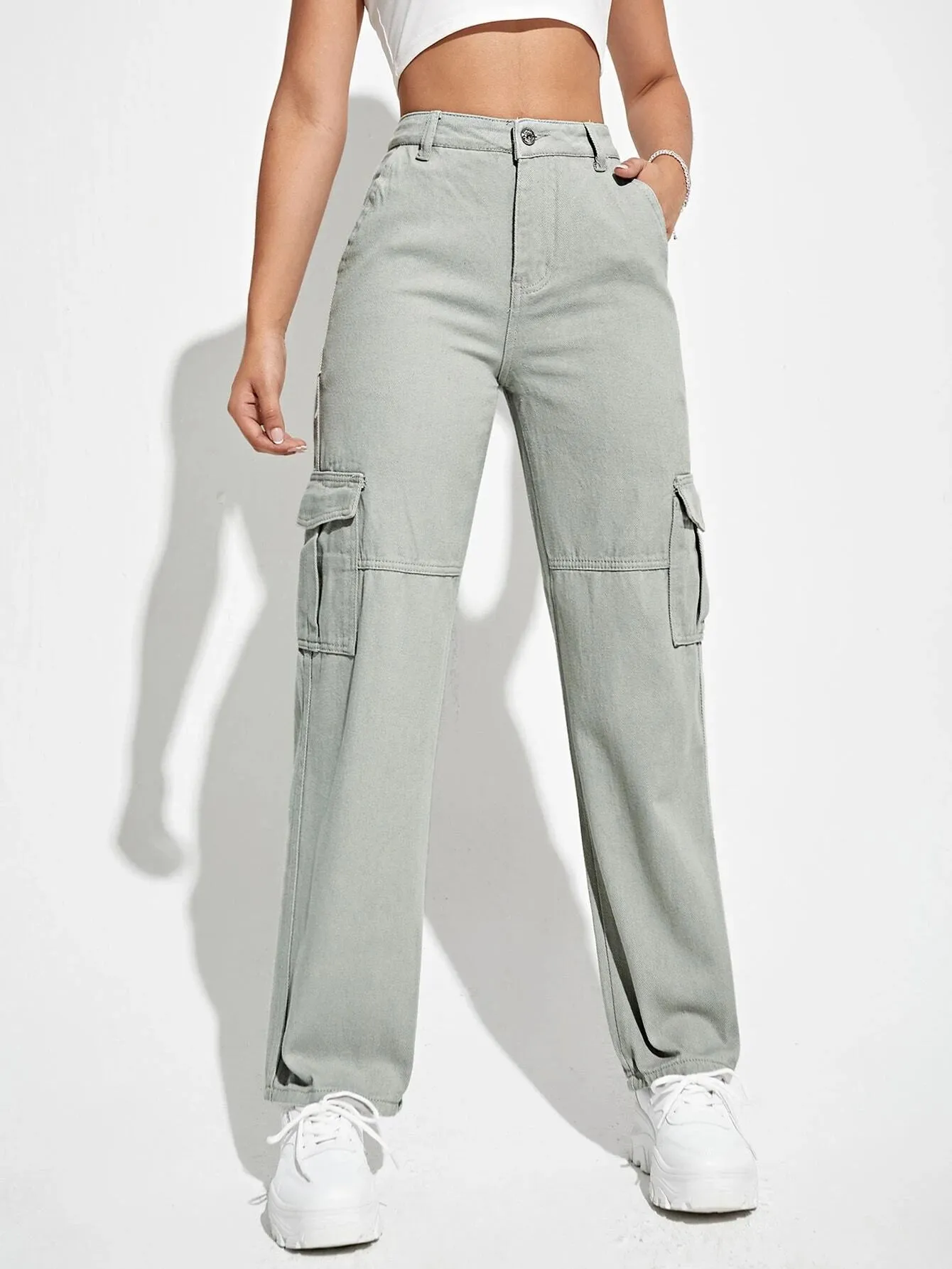 Flap Pocket Straight Leg Cargo Jeans