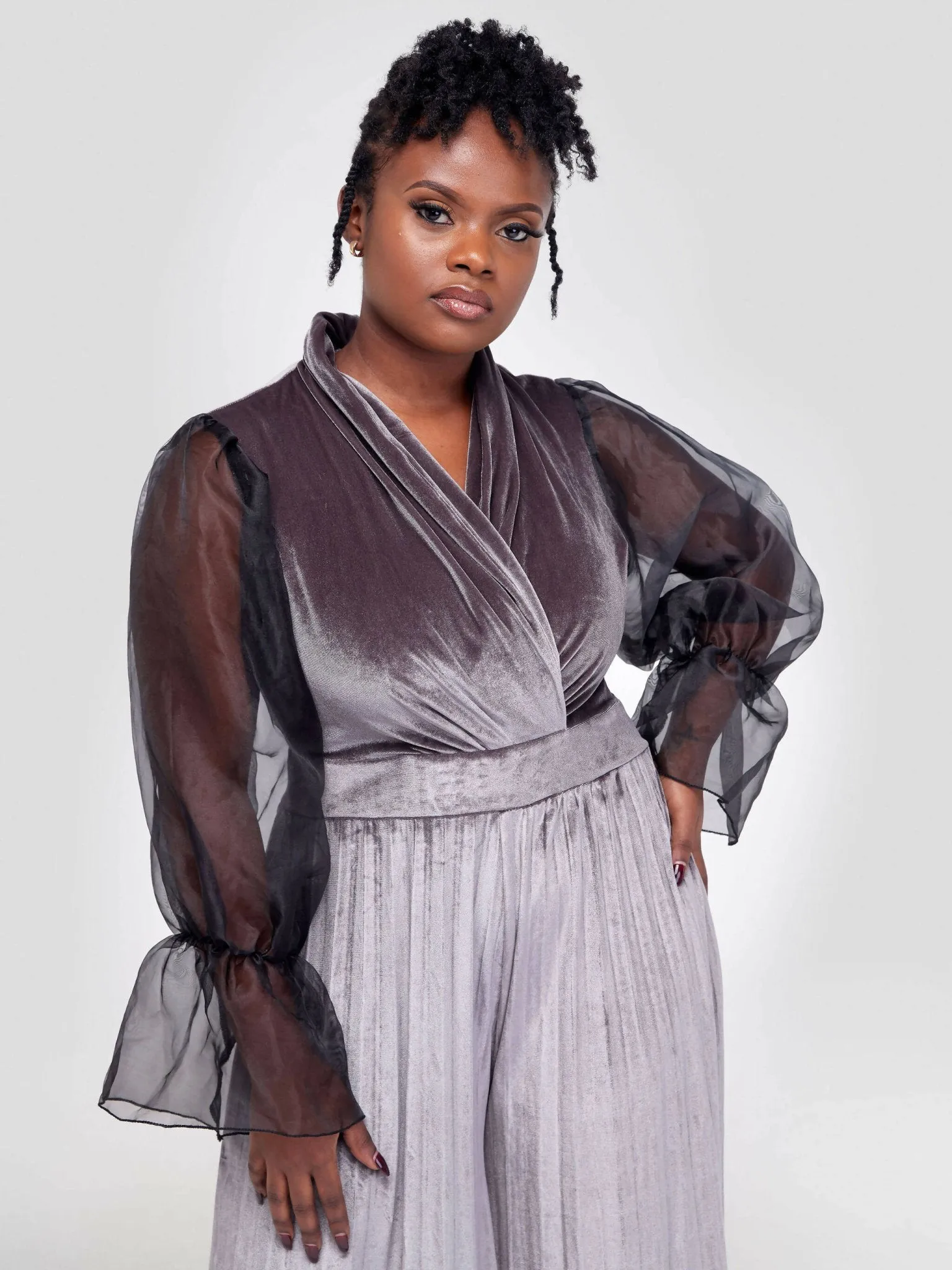 Flared Velvet Jumpsuit - Grey