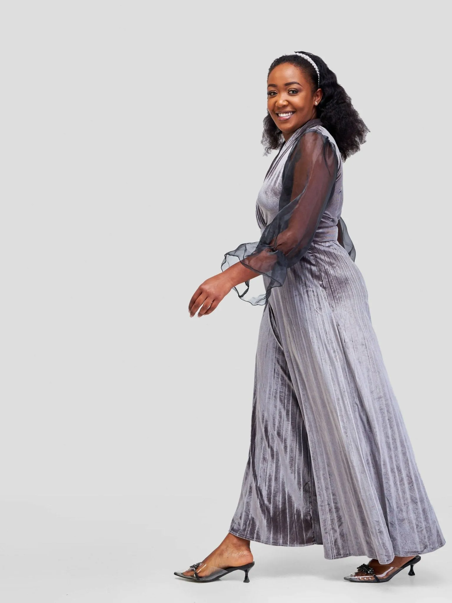 Flared Velvet Jumpsuit - Grey