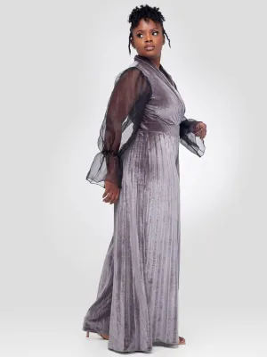Flared Velvet Jumpsuit - Grey