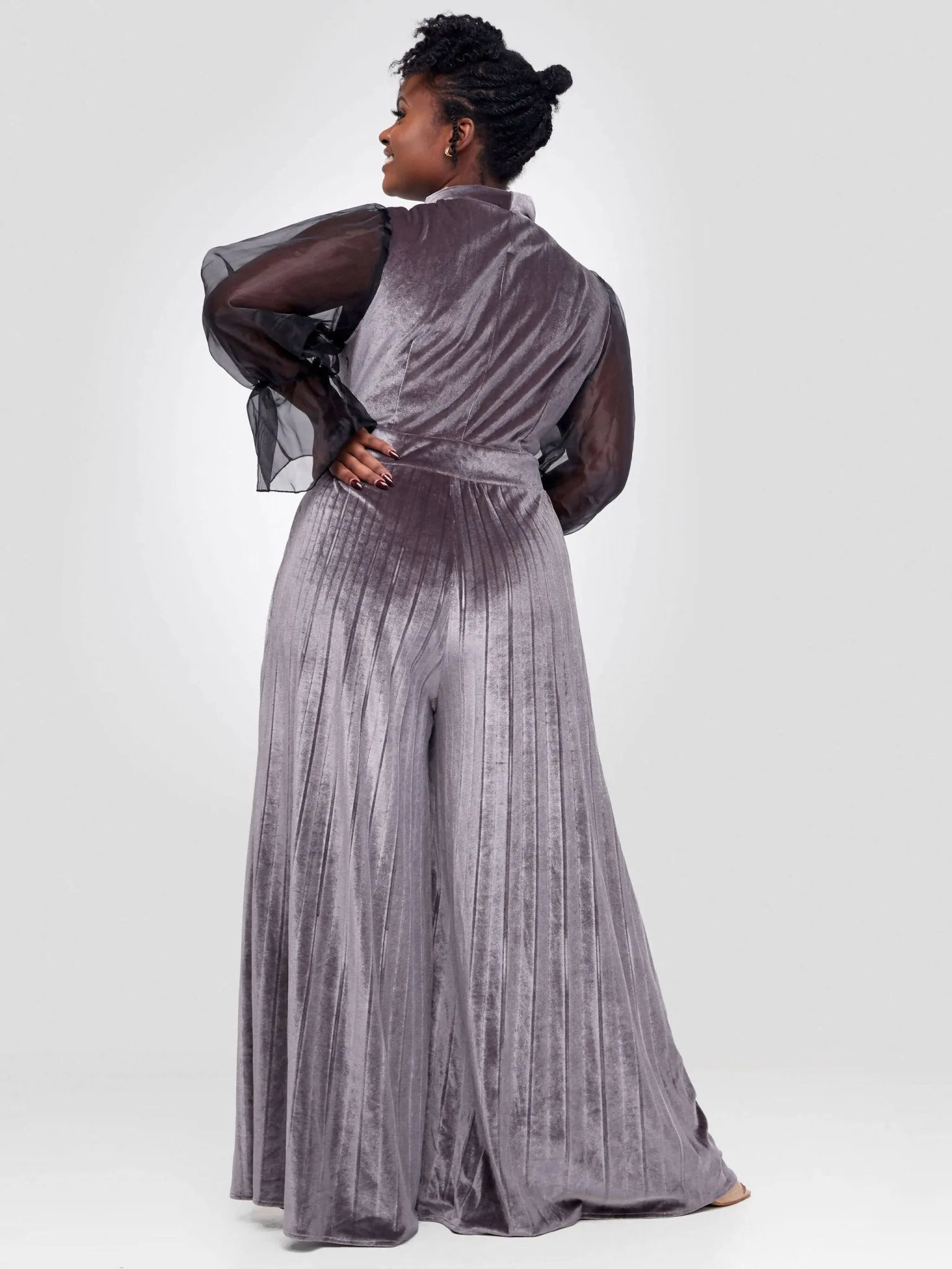 Flared Velvet Jumpsuit - Grey