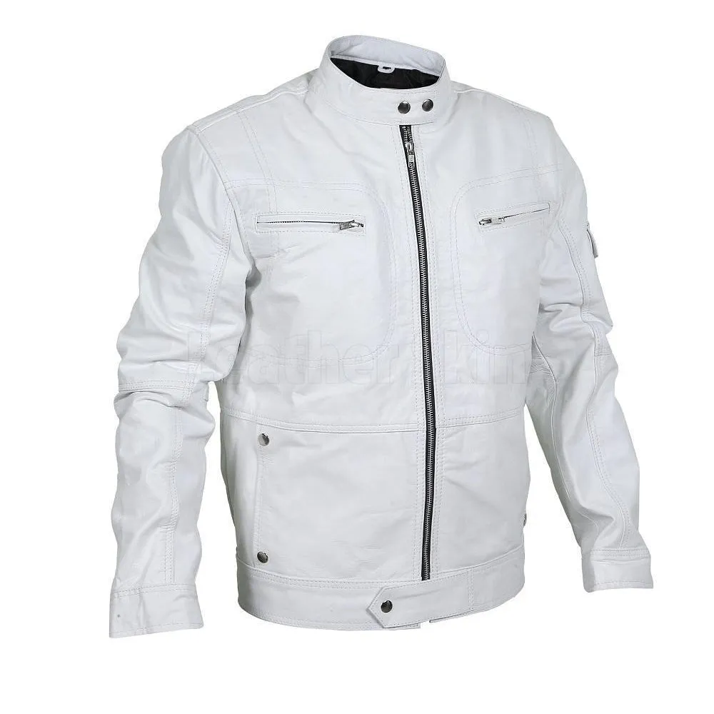 Flawless White Bomber Leather Racer Jacket