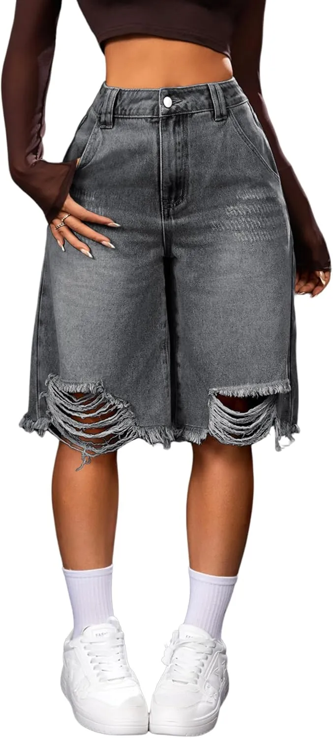 Floerns Women's Streetwear Distressed Denim Shorts High Waisted Ripped Casual Denim Shorts