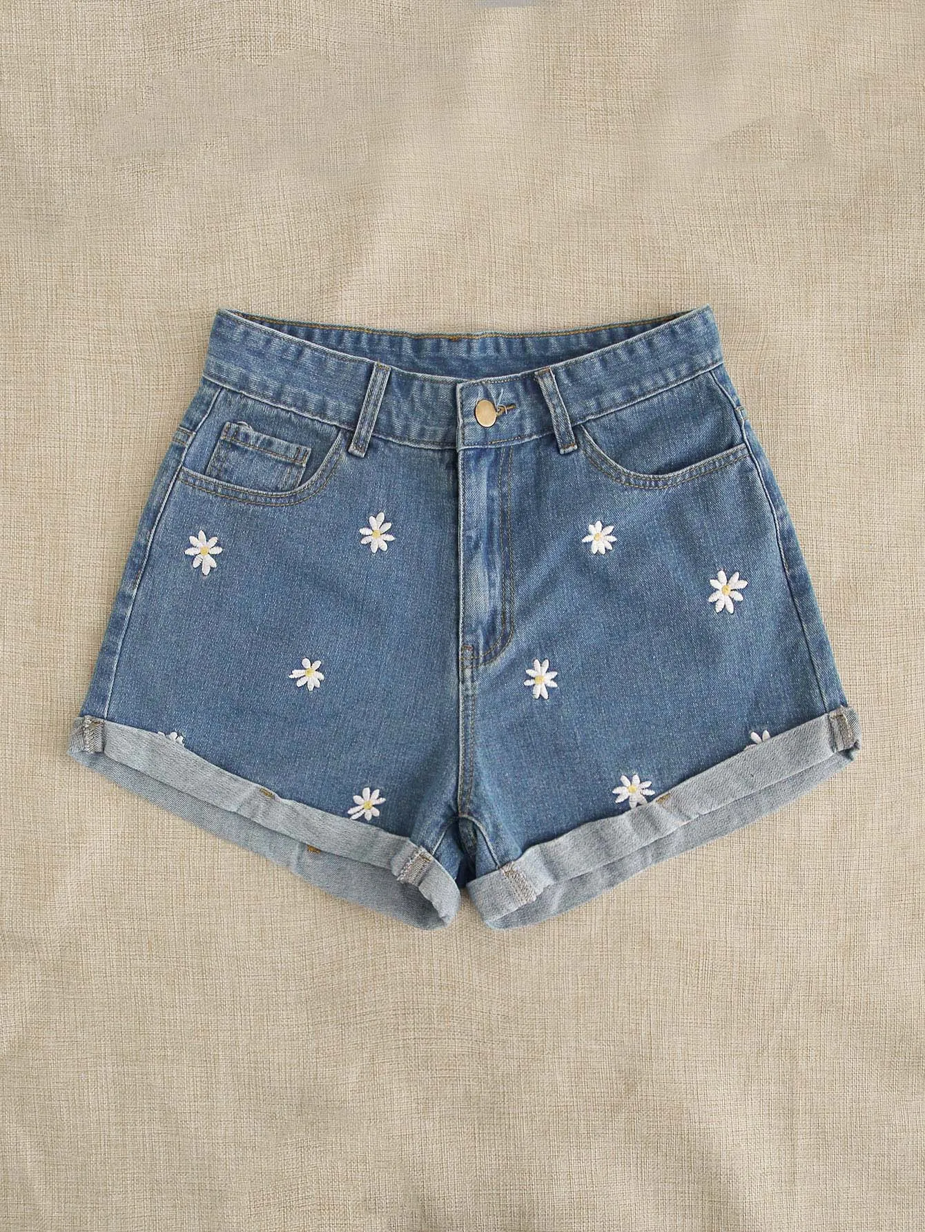 Floral Embroidery High Waist Plus Size Denim Shorts
