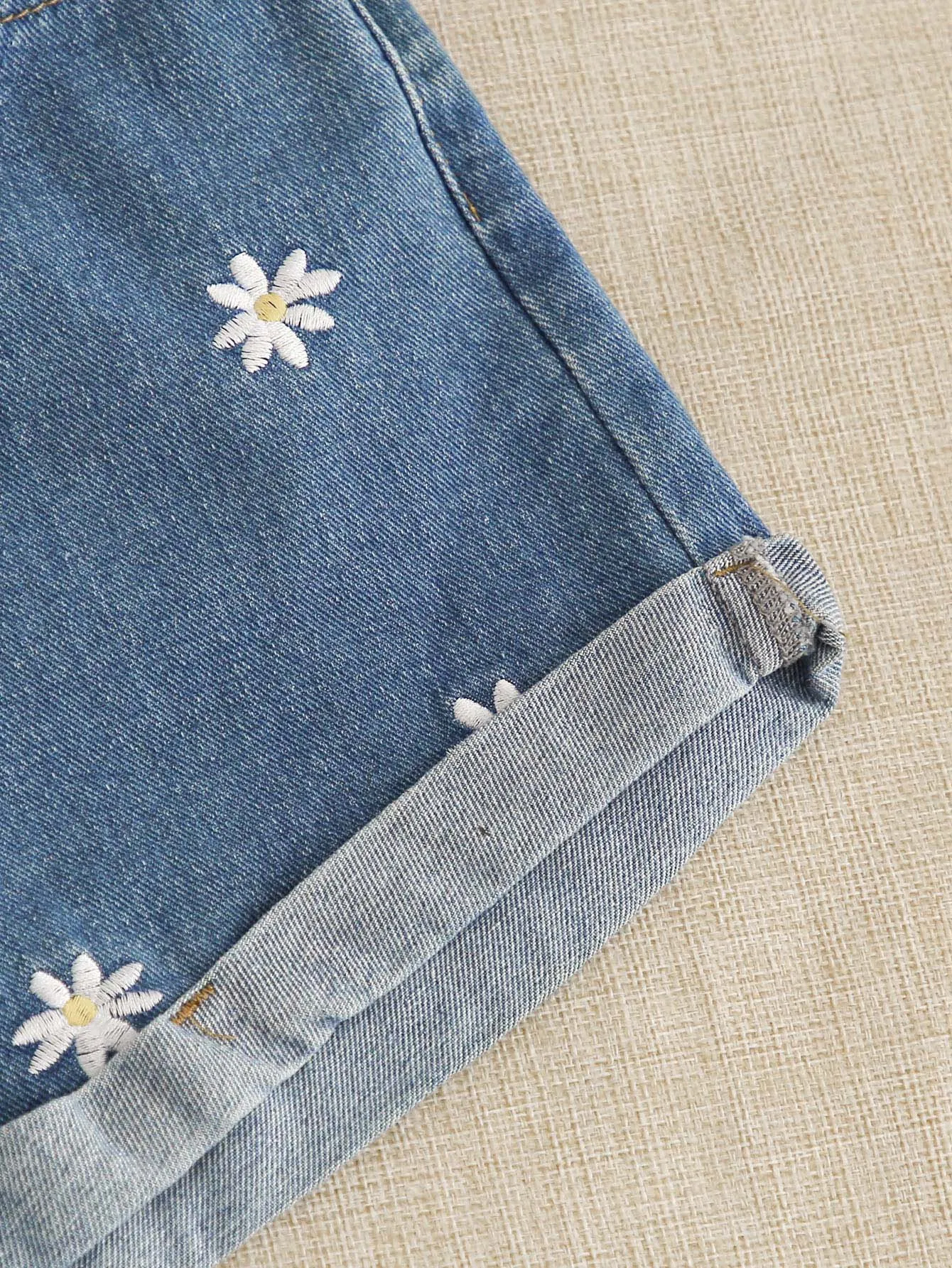Floral Embroidery High Waist Plus Size Denim Shorts