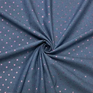 Foil Pink Stars Chambray Denim Fabric
