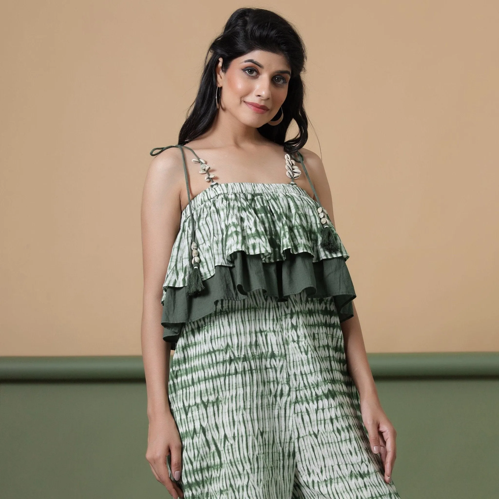 Forest Green Tie-Dye Ankle Length Cotton Camisole Jumpsuit