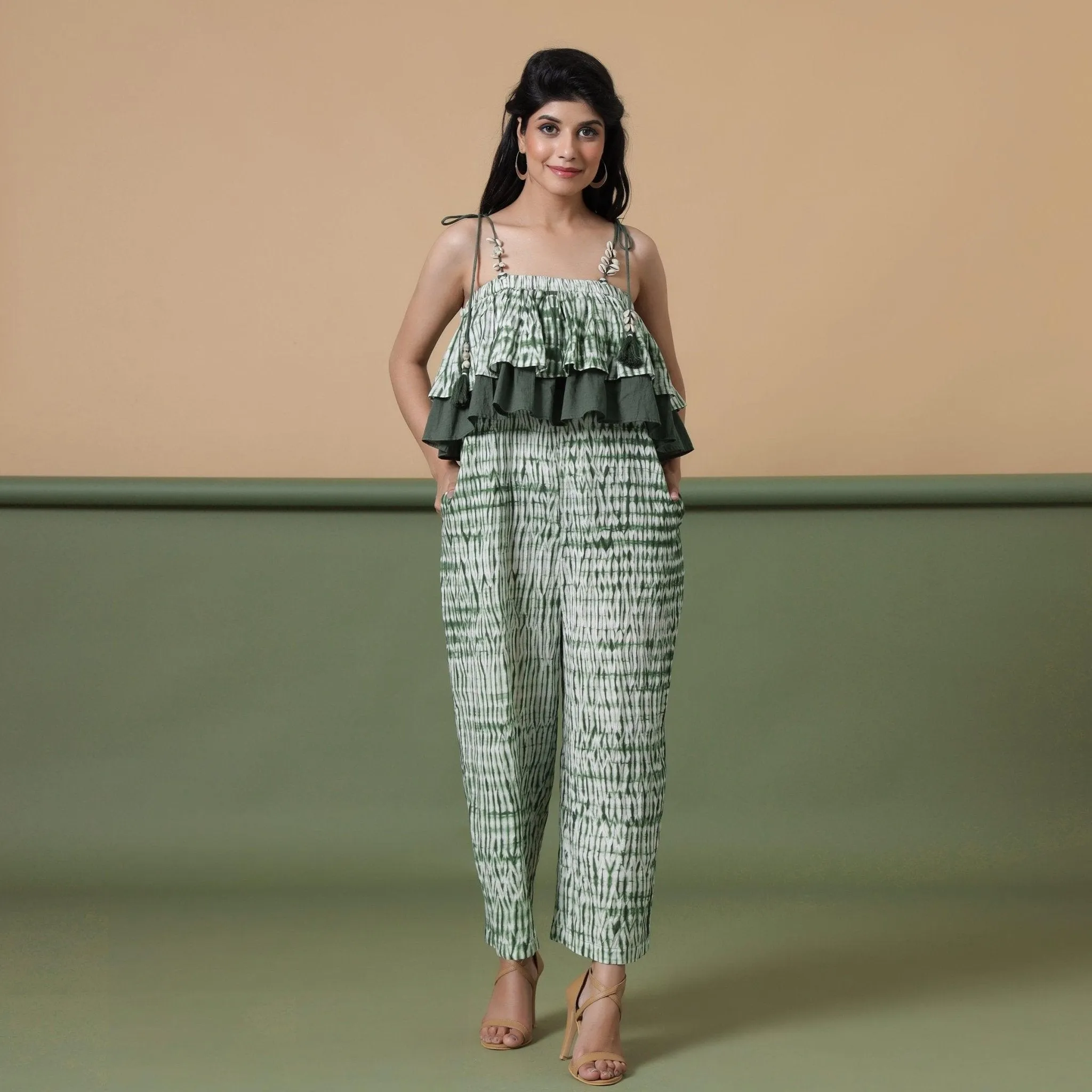 Forest Green Tie-Dye Ankle Length Cotton Camisole Jumpsuit