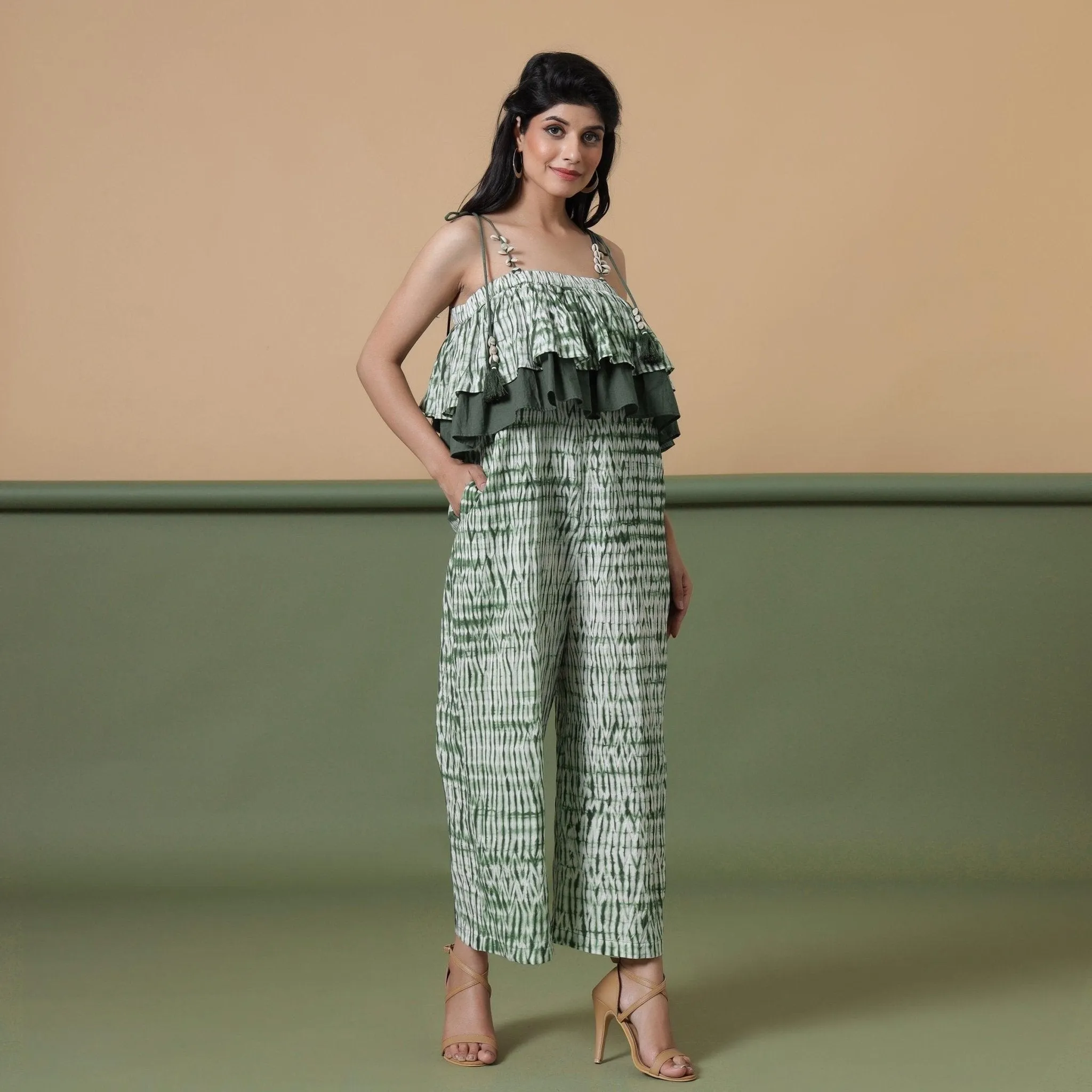 Forest Green Tie-Dye Ankle Length Cotton Camisole Jumpsuit