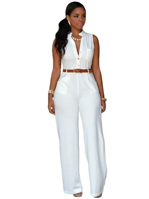 Formal Jumpsuit Wide Leg Pant Women Office Solid Color Sleeveless Belt Shirt Jumpsuit Basic V Neck Single Breasted Jumpsuit