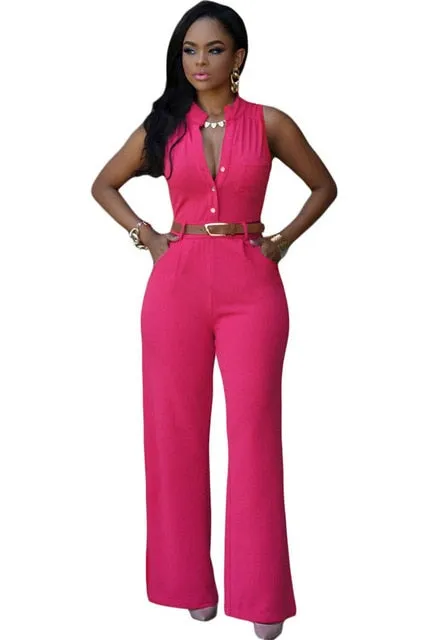 Formal Jumpsuit Wide Leg Pant Women Office Solid Color Sleeveless Belt Shirt Jumpsuit Basic V Neck Single Breasted Jumpsuit