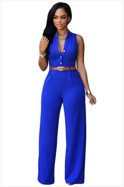 Formal Jumpsuit Wide Leg Pant Women Office Solid Color Sleeveless Belt Shirt Jumpsuit Basic V Neck Single Breasted Jumpsuit