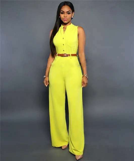 Formal Jumpsuit Wide Leg Pant Women Office Solid Color Sleeveless Belt Shirt Jumpsuit Basic V Neck Single Breasted Jumpsuit