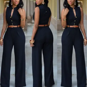 Formal Jumpsuit Wide Leg Pant Women Office Solid Color Sleeveless Belt Shirt Jumpsuit Basic V Neck Single Breasted Jumpsuit