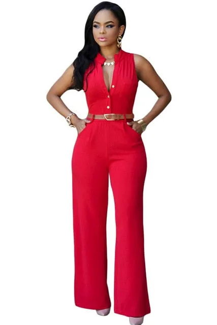 Formal Jumpsuit Wide Leg Pant Women Office Solid Color Sleeveless Belt Shirt Jumpsuit Basic V Neck Single Breasted Jumpsuit