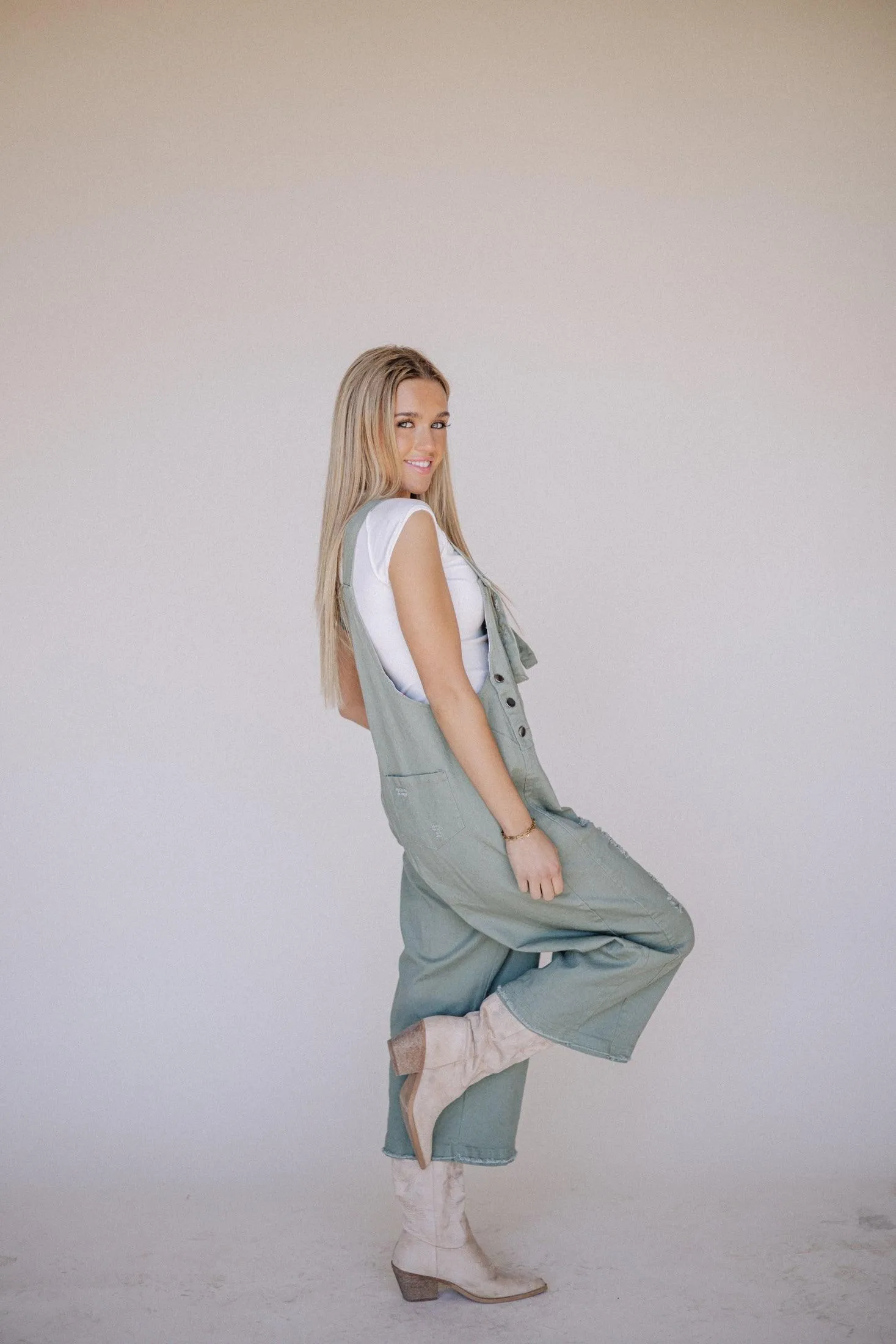 Frankie Denim Overalls in Sage