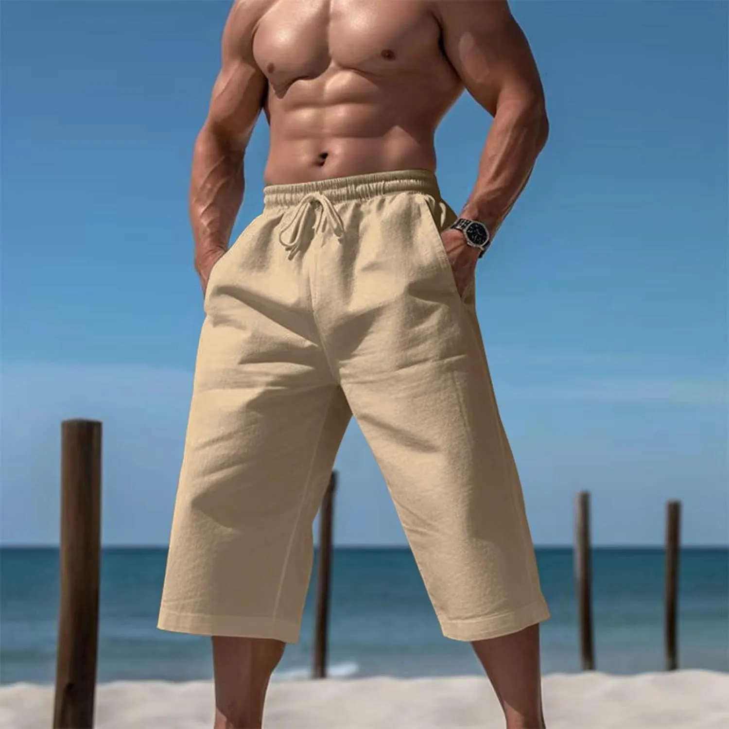 Fxbar Men's Athletic Running Shorts Linen Yoga Beach Long Shorts 3/4 Below Knee Length Running Lounge Capri Pants