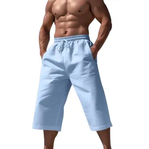 Fxbar Men's Athletic Running Shorts Linen Yoga Beach Long Shorts 3/4 Below Knee Length Running Lounge Capri Pants