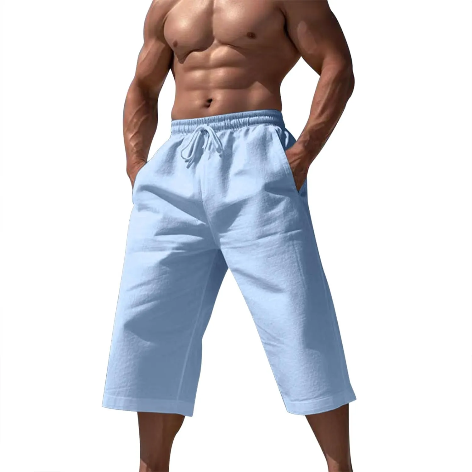 Fxbar Men's Athletic Running Shorts Linen Yoga Beach Long Shorts 3/4 Below Knee Length Running Lounge Capri Pants