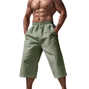 Fxbar Men's Athletic Running Shorts Linen Yoga Beach Long Shorts 3/4 Below Knee Length Running Lounge Capri Pants